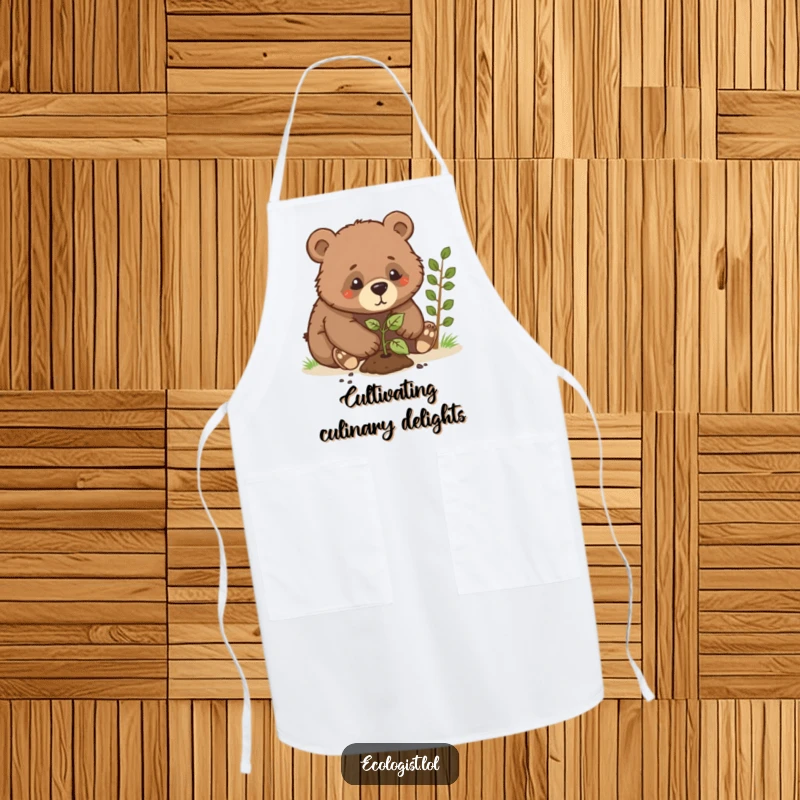 Funny bear cub apron, a determined cub planting a sapling, ideal for kitchen adventures and humorous cooking sessions.