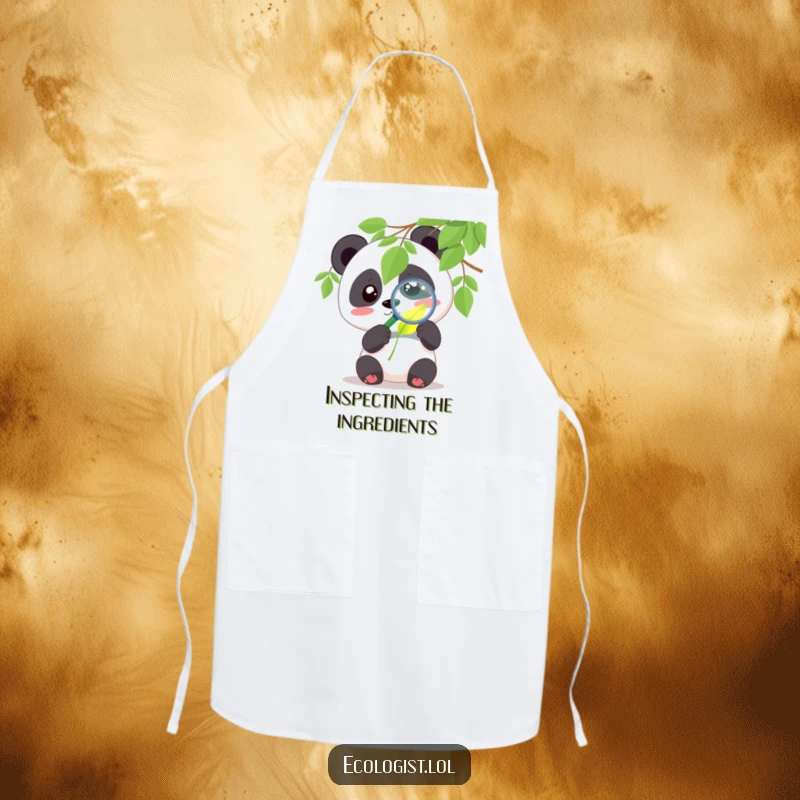 Funny panda apron featuring a cute character examining a glowing leaf with a magnifying glass with curiosity, perfect for humorous cooking sessions.