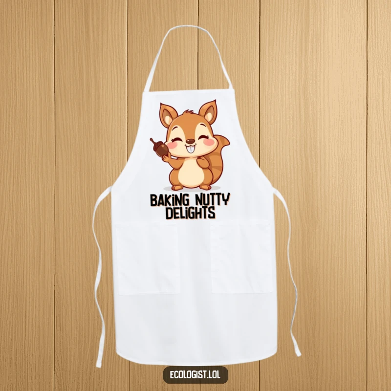 Funny apron featuring a joyful squirrel with a grin, balancing acorns on its nose, ideal for kitchen duties with a humorous twist.