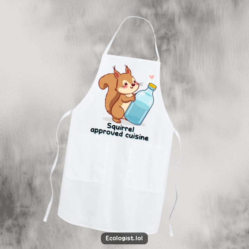Funny squirrel scolding a plastic bottle on a kitchen apron, promoting eco-friendly humor while cooking.