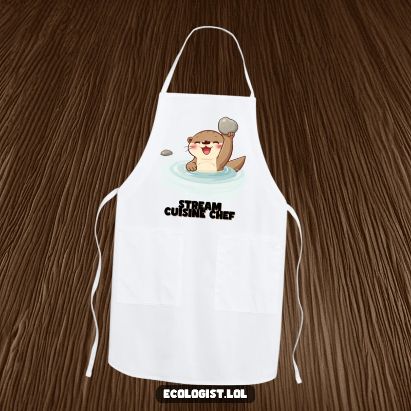 Funny joyful otter swimming in a clear stream, holding a shiny clean pebble, on a functional kitchen apron.
