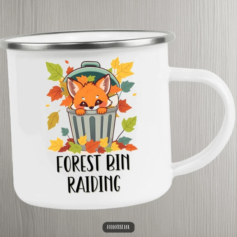 Funny fox cub peeking from a leafy recycling bin on a rugged camping mug, perfect for outdoor humor.