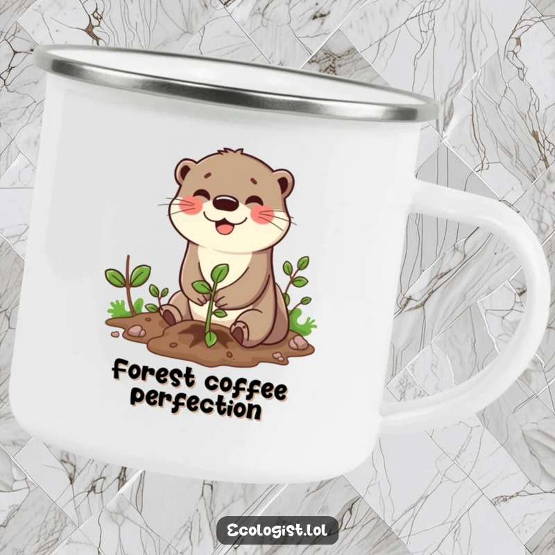 Funny camping mug featuring a happy otter character planting a sapling, perfect for enjoying hot beverages during outdoor expeditions.