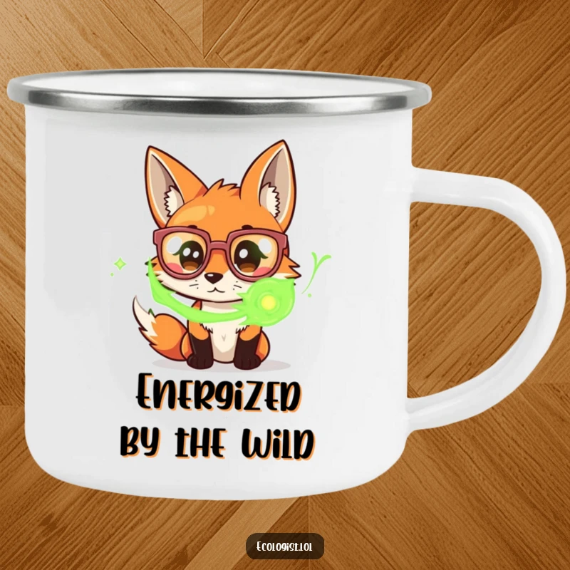 Funny camping mug featuring a curious fox with oversized glasses, examining swirling green energy, suited for outdoor contemplation.