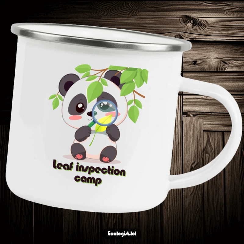 Funny panda camping mug featuring a cute character examining a glowing leaf with a magnifying glass with curiosity, ideal for humorous outdoor adventures.