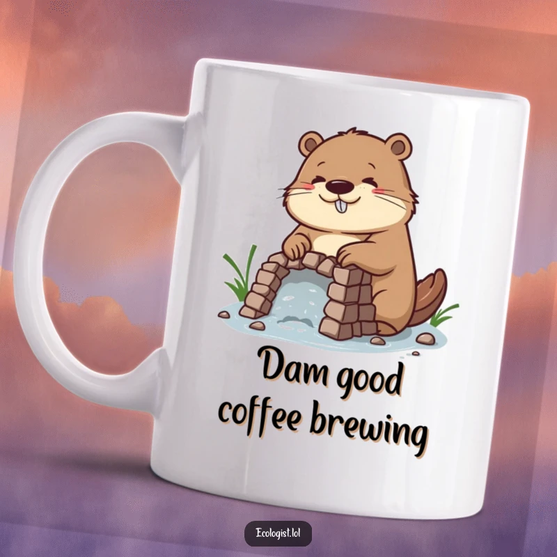 Funny mug featuring a diligent beaver with a concentrated, happy expression, meticulously constructing a small, intricate dam, embodying focused effort.