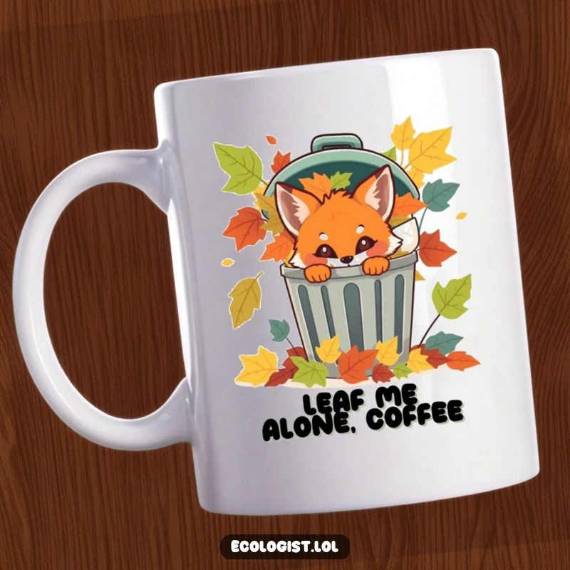Funny fox cub peeking mischievously from behind a full recycling bin, a charming mug for nature lovers.