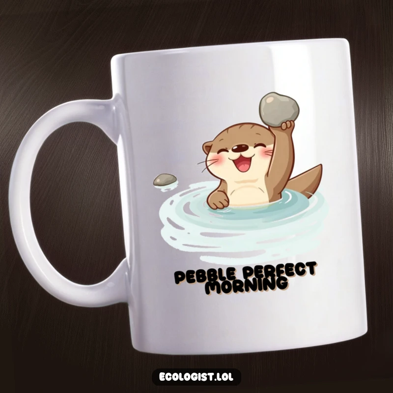 Funny, joyful otter swimming happily in a clear stream, proudly holding a shiny clean pebble, on a mug.