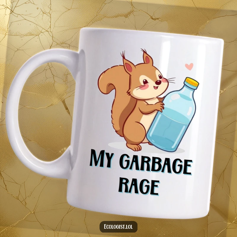 Funny squirrel wagging its tail while scolding a discarded plastic bottle, a humorous mug for eco-warriors.