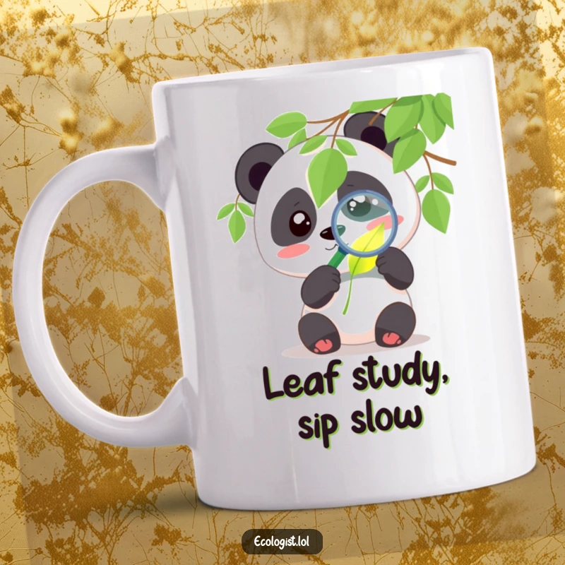 Funny panda mug with a cute character examining a glowing leaf with a magnifying glass with curiosity, perfect for exploration humor.