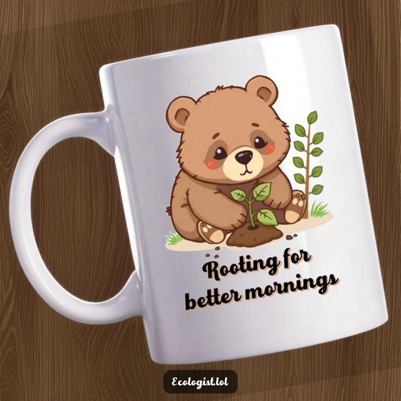 Funny bear cub mug, a determined cub planting a tiny sapling with intense focus, symbolizing growth and humor.