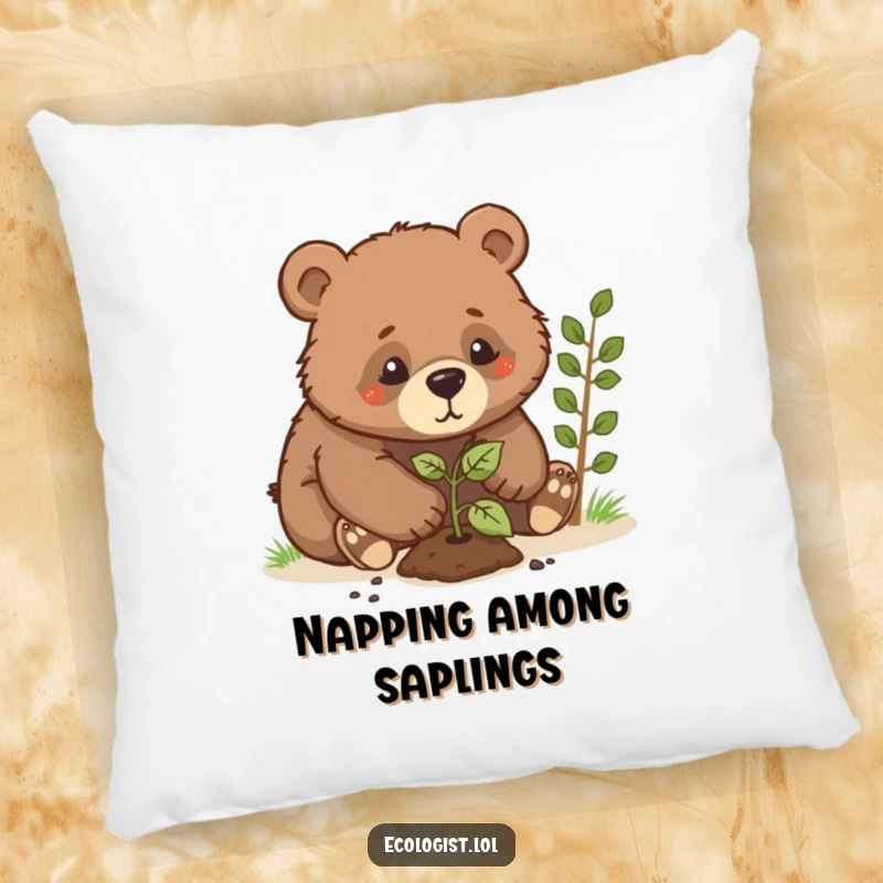 Funny bear cub pillow, a determined cub planting a sapling, adding a humorous and cute touch to any relaxing space.