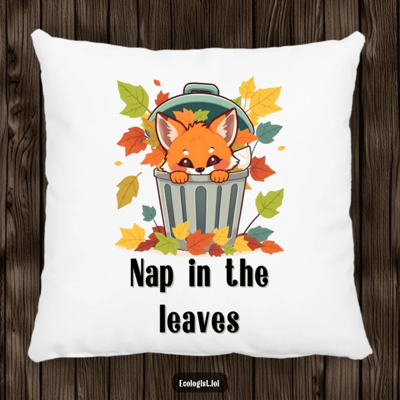 Funny mischievous fox cub peeking from a recycling bin overflowing with colorful leaves on a comfy pillow.