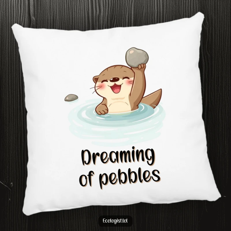 Funny joyful otter swimming in a clear stream, holding a shiny clean pebble, on a soft and humorous decorative pillow.