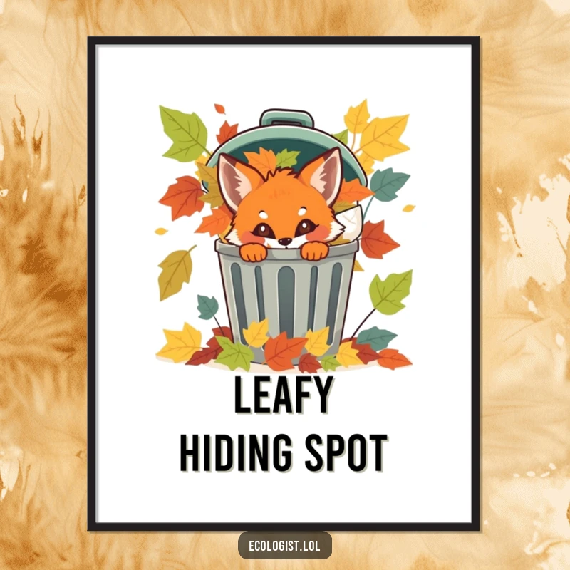 Funny fox cub peeking from a recycling bin overflowing with colorful leaves, a high-resolution digital art print.