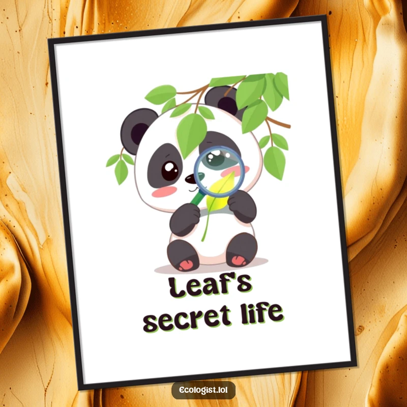 Funny panda digital art print of a cute character examining a glowing leaf with a magnifying glass with curiosity, offering humorous wall decor.
