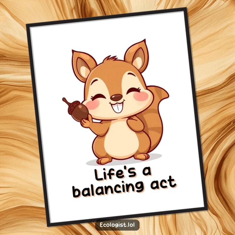 Funny digital art print of a joyful squirrel with a wide grin, balancing acorns on its nose, symbolizing playful talent.