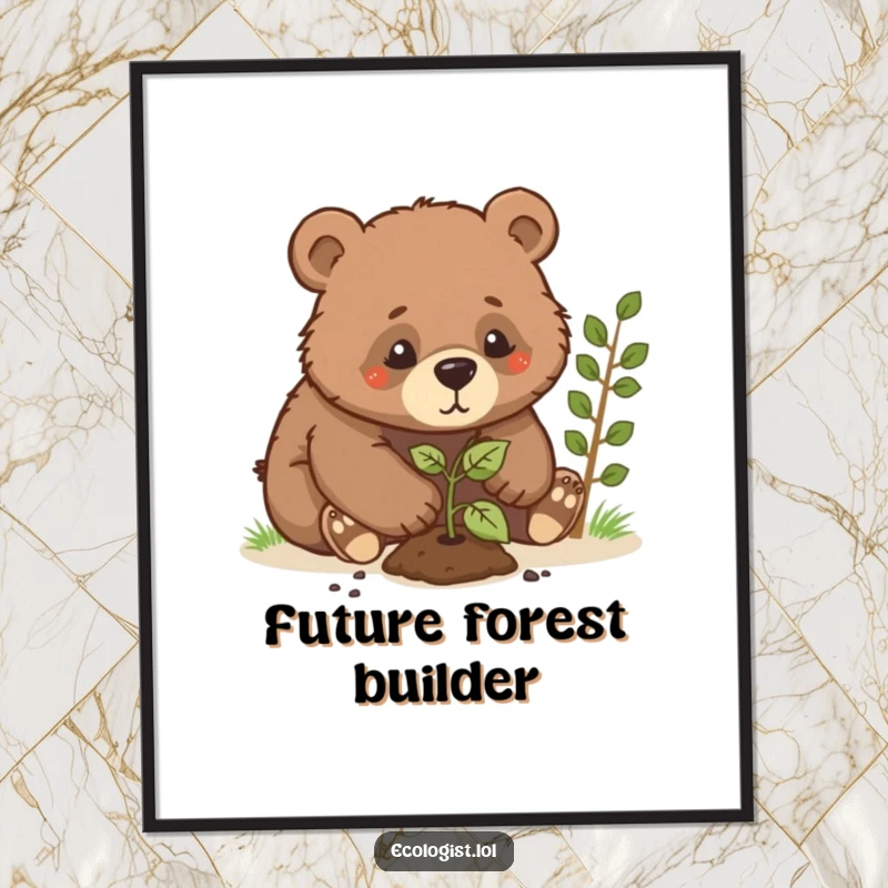 Funny bear cub digital art print, a determined cub planting a sapling with intense focus, conveying humor and nature's spirit.