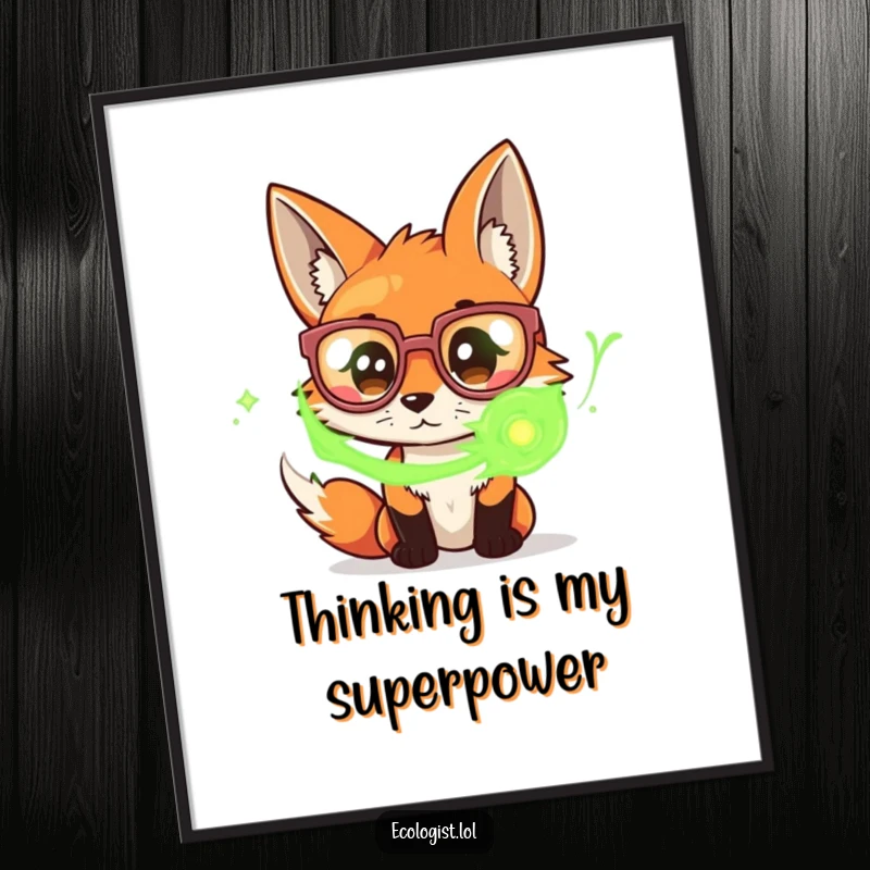 Funny digital art print of a curious fox wearing huge glasses, intently studying swirling green energy, symbolizing intellect and wonder.