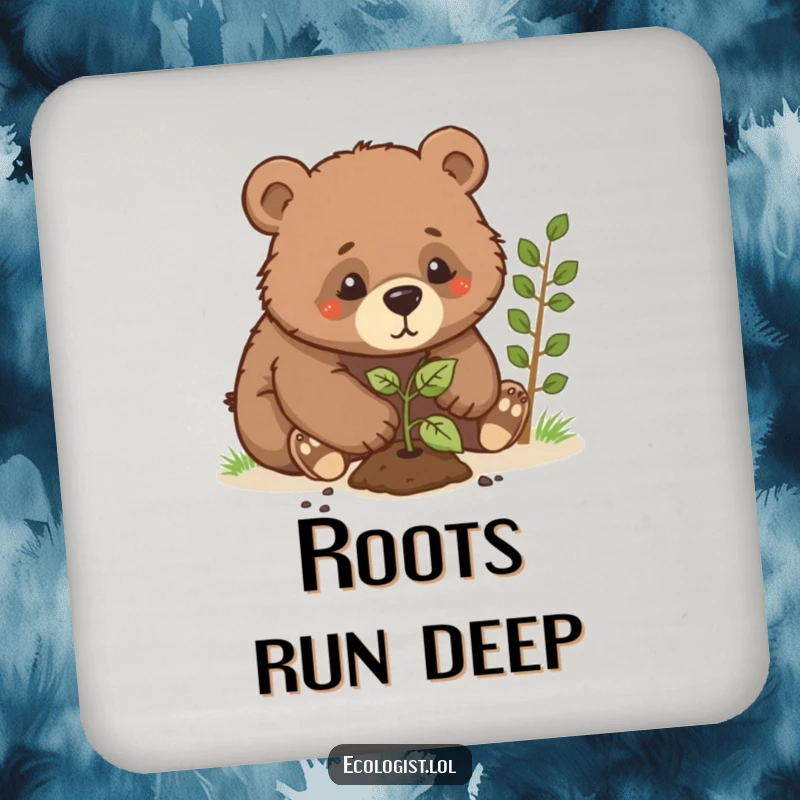 Funny bear cub coaster, a determined cub planting a sapling, adding a humorous and protective element to any surface.