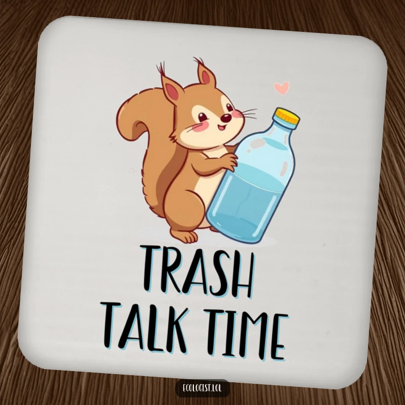 Funny squirrel wagging tail while scolding a plastic bottle on a drink coaster, adding eco-humorous flair.