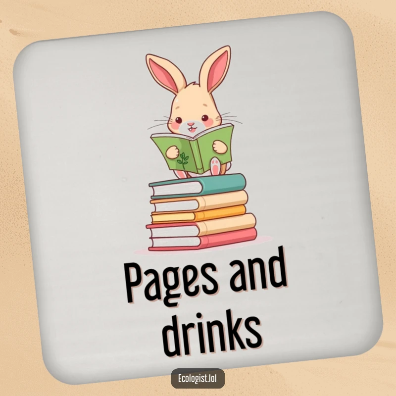 Funny rabbit balancing on books, reading a plant guide on a drink coaster, adding intellectual humor.