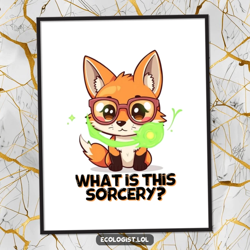 Funny poster of a curious fox wearing large glasses, intently studying a dynamic swirl of green energy, evoking wonder and discovery.