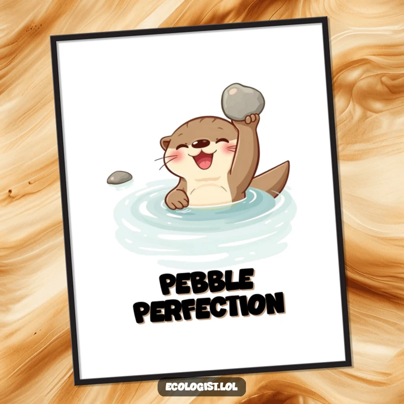 Funny joyful otter swimming in a clear stream, holding a shiny clean pebble, a serene and humorous poster.