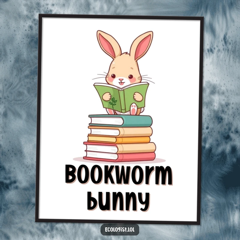 Funny rabbit balanced on books reading a plant guide, a whimsical poster for study or library decor.
