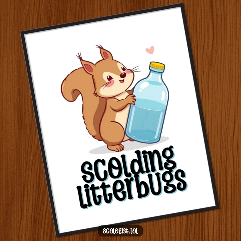 Funny squirrel wagging tail while scolding a plastic bottle, a vibrant and humorous poster for eco-minded individuals.
