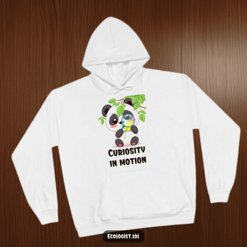 Funny panda hoodie with a cute character examining a glowing leaf with a magnifying glass with curiosity, perfect for a cozy, humorous gift.