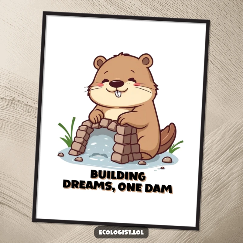 Funny Free Printable Wall Art: Diligent beaver with a happy expression building an intricate dam, perfect downloadable art.