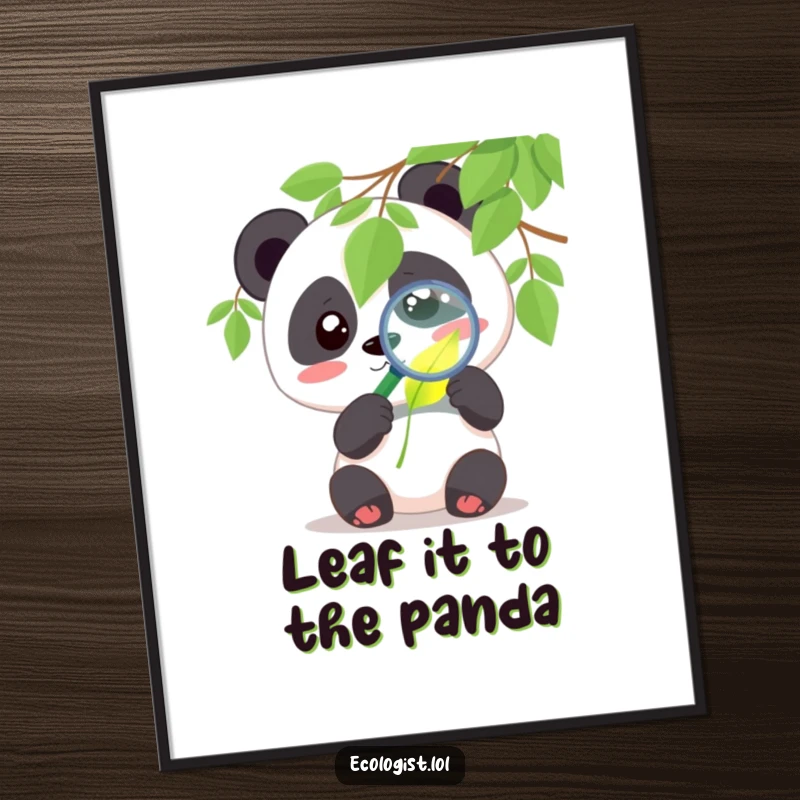 Funny Free Printable Panda Wall Art: Cute panda using a magnifying glass to curiously examine a glowing leaf.
