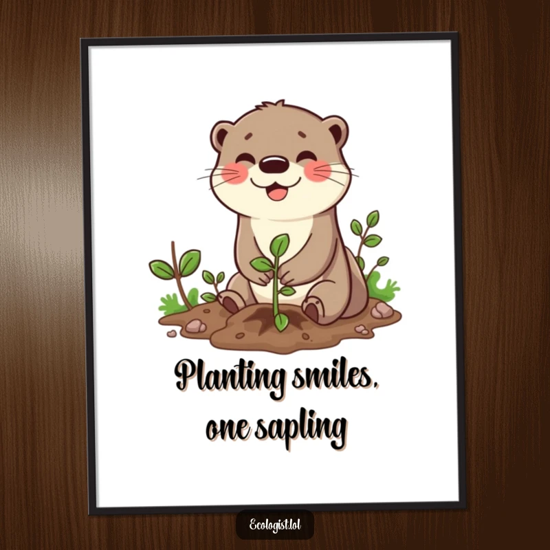 Funny Free Printable Wall Art: Cheerful otter planting a sapling with a huge smile, bringing joy to any room as downloadable art.