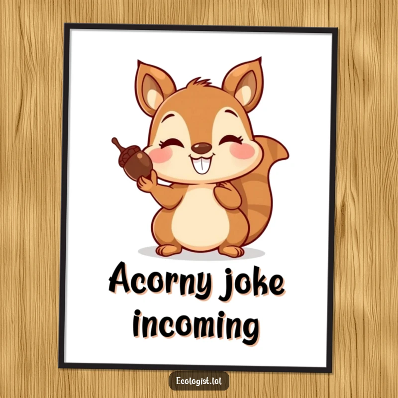 Funny Free Printable Wall Art: Joyful squirrel balancing acorns on its nose with a big grin, perfect downloadable art.