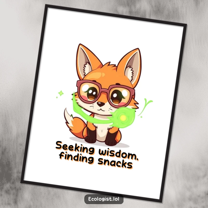 Funny Free Printable Wall Art: Curious fox wearing oversized glasses, intently studying swirling green energy, perfect downloadable art.