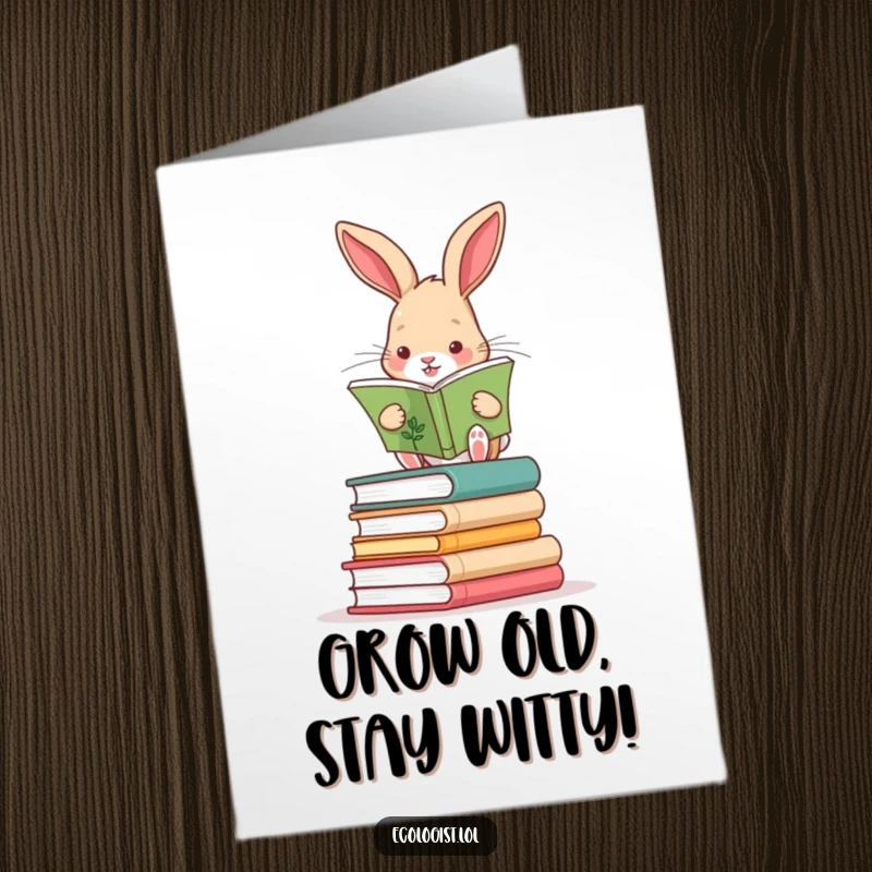 Funny Free Printable Birthday Card: Curious rabbit balancing on books, engrossed in a plant guide, wishing a knowledgeable birthday.