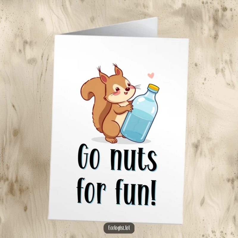 Funny Free Printable Birthday Card: Playful squirrel wagging tail, scolding a discarded plastic bottle, delivering a stern but funny birthday wish.