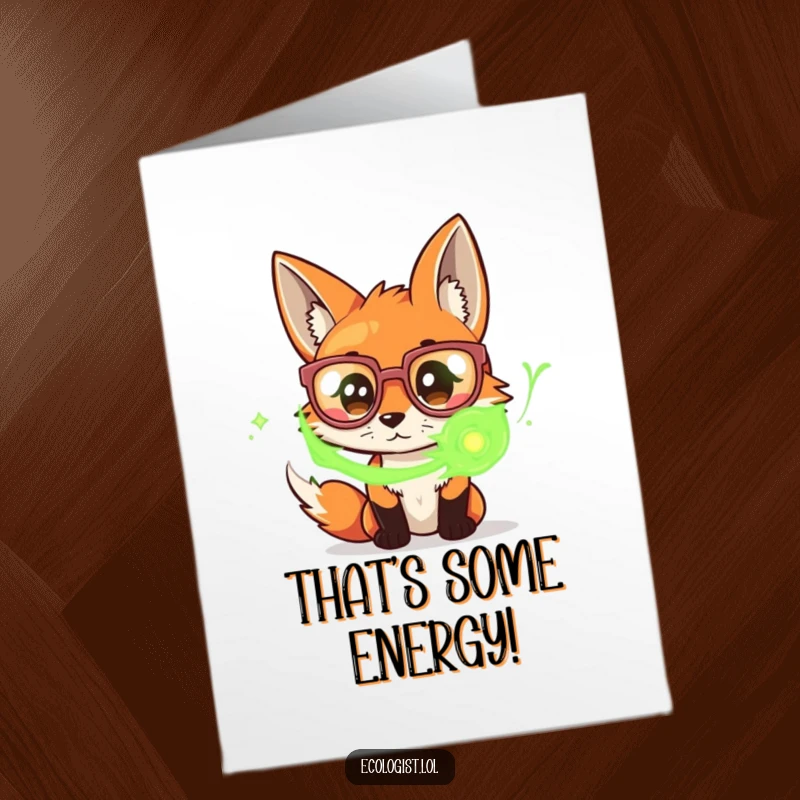 Funny Free Printable Congrats Card: Curious fox with big glasses examining green energy, a smart downloadable gift for congratulations.