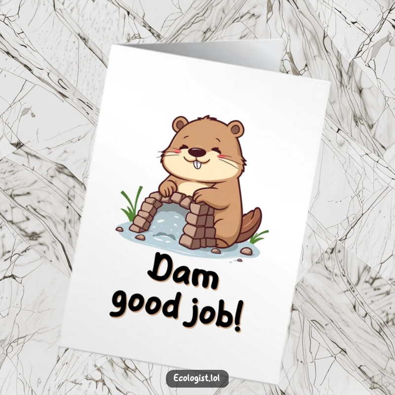 Funny Free Printable Congrats Card: Diligent beaver building a dam, expressing joy in hard work, a fitting downloadable gift.