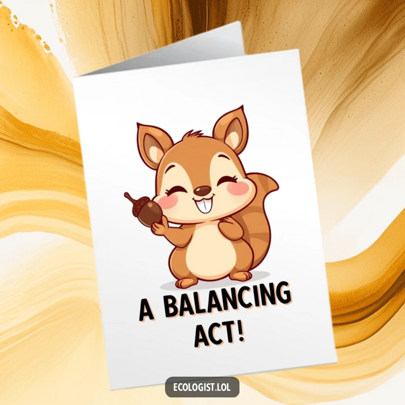 Funny Free Printable Congrats Card: Joyful squirrel balancing acorns on its nose, celebrating success with a funny grin, downloadable gift.