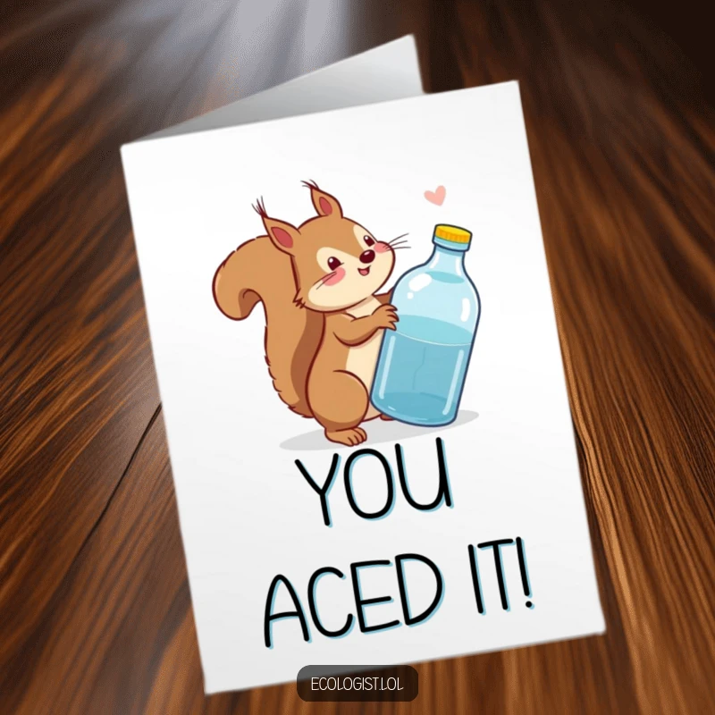 Funny Free Printable Congratulations Card: Playful squirrel wagging tail, scolding a plastic bottle, celebrating an eco-conscious success.