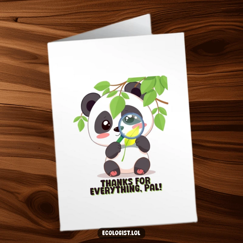 Funny Free Printable Panda Thank You Card: Cute panda with a magnifying glass inspecting a glowing leaf with curiosity.