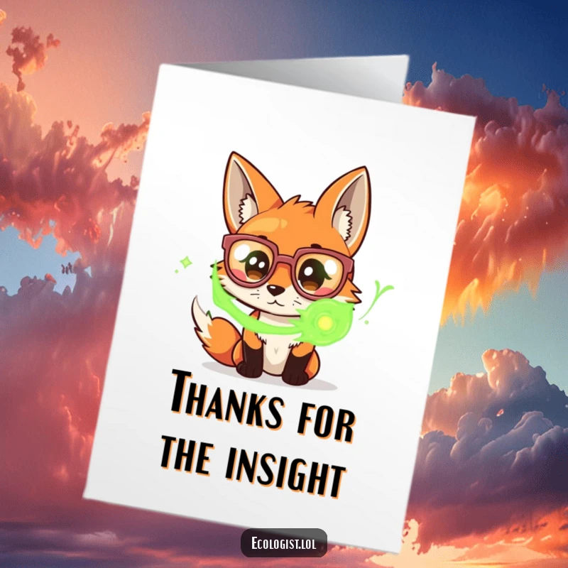 Funny Free Printable Thank You Card: Curious fox in oversized glasses looking at green energy, a thoughtful downloadable gift.