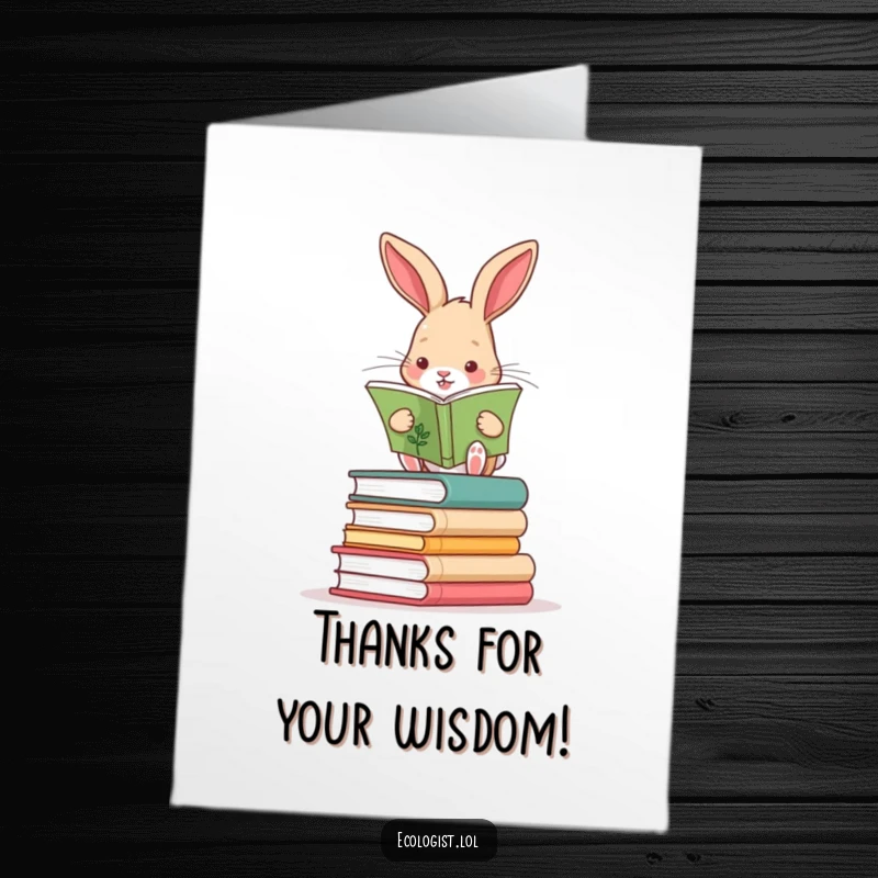 Funny Free Printable Thank You Card: Curious rabbit on books, reading a plant guide, expressing thanks with studious charm.