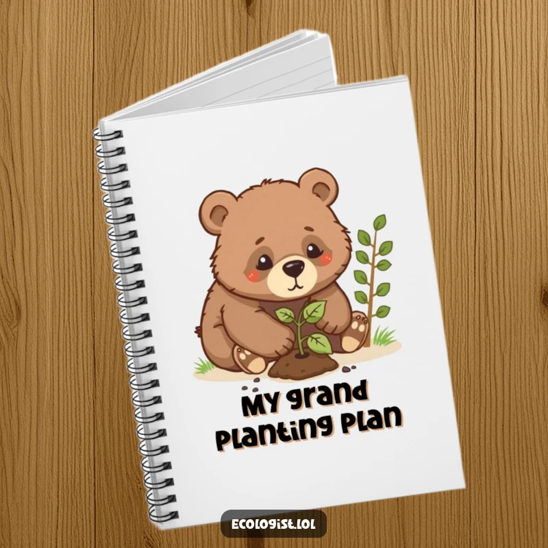 Funny bear cub notebook, a determined cub planting a sapling, perfect for jotting down ideas with a humorous and focused mindset.
