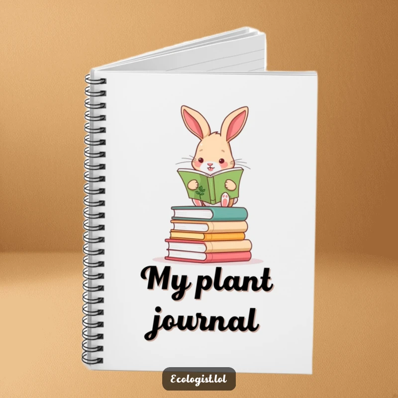 Funny rabbit balanced on books reading a plant guide on a notebook cover, encouraging curious note-taking.