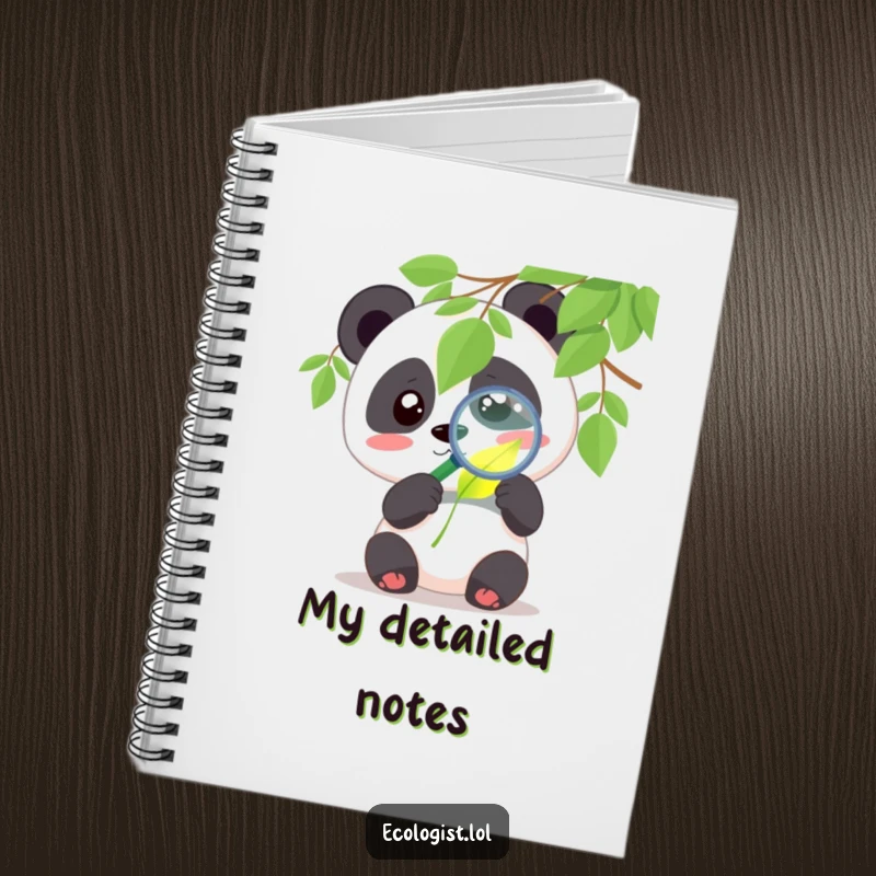Funny panda notebook with a cute character examining a glowing leaf with a magnifying glass with curiosity, perfect for jotting ideas humorously.