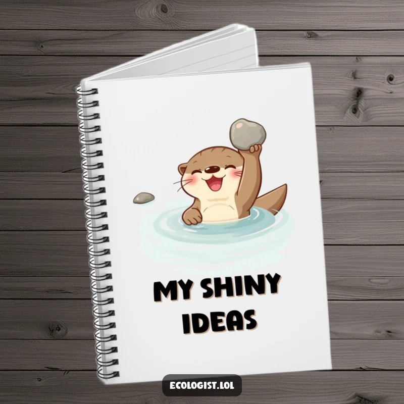 Funny joyful otter swimming in a clear stream, holding a shiny clean pebble on a notebook cover, inspiring happy thoughts.