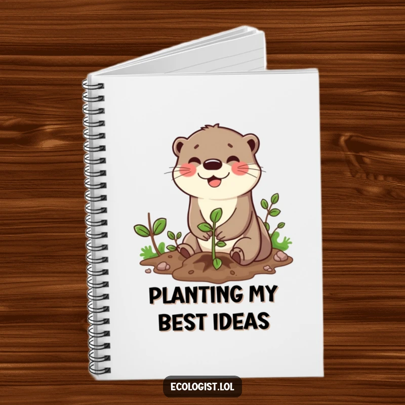 Funny notebook featuring a cheerful otter character planting a small sapling, inspiring thoughts and ideas with its happy demeanor.